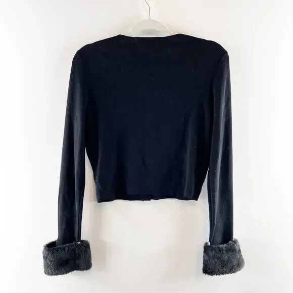 Wayf Long Sleeve Button Front Cropped Cardigan with Faux Fur Cuffs Black Medium - Picture 9 of 9